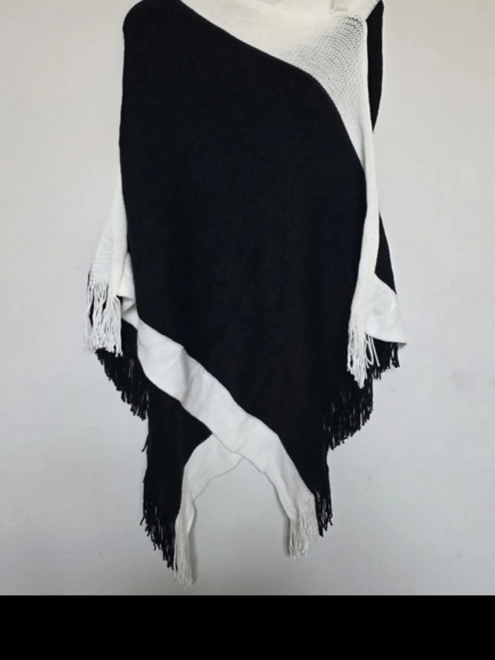 Black and White Fringe Poncho Sweater - Women OSFM
